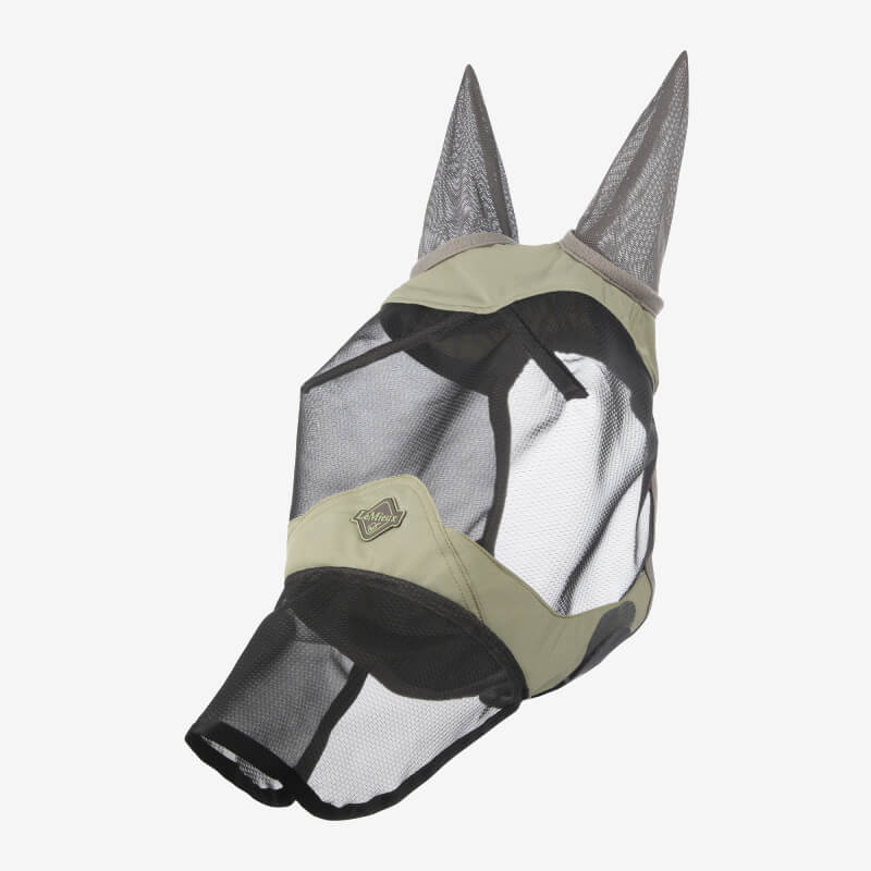 LeMieux Visor-Tek Full Fly Mask Fern: mesh with ear covers, light green trim, UV protection.