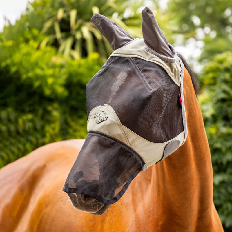 Brown horse outside wearing the LeMieux Visor-Tek Full Fly Mask Fern with UV protection.