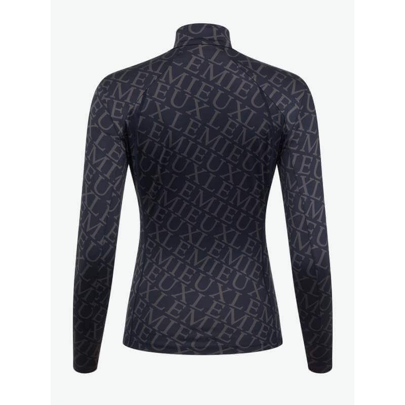Back view of LeMieux Fleur Base Layer Navy featuring repeating LeMieux text pattern.
