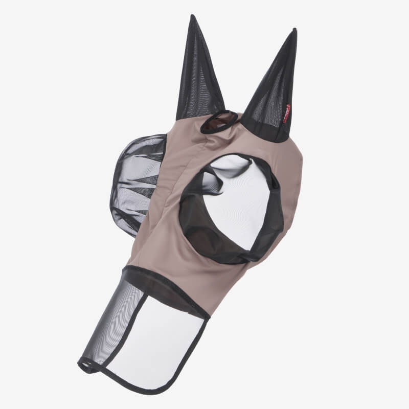 Horse wears the LeMieux Bug Relief Full Mask Walnut for UV protection of eyes, ears, and nose.