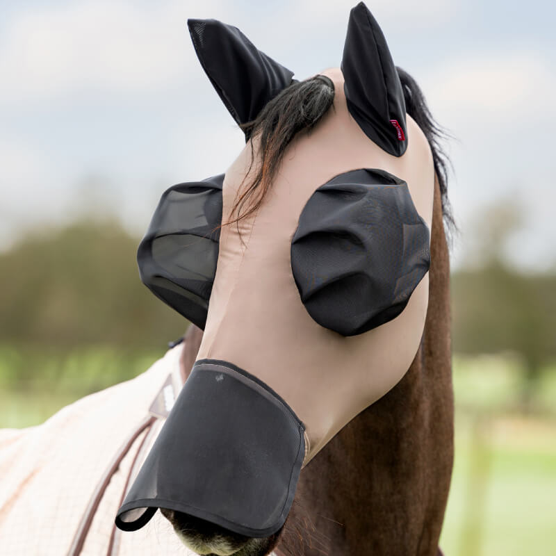 Horse wears the LeMieux Bug Relief Full Mask Walnut for UV protection of eyes, ears, and nose.
