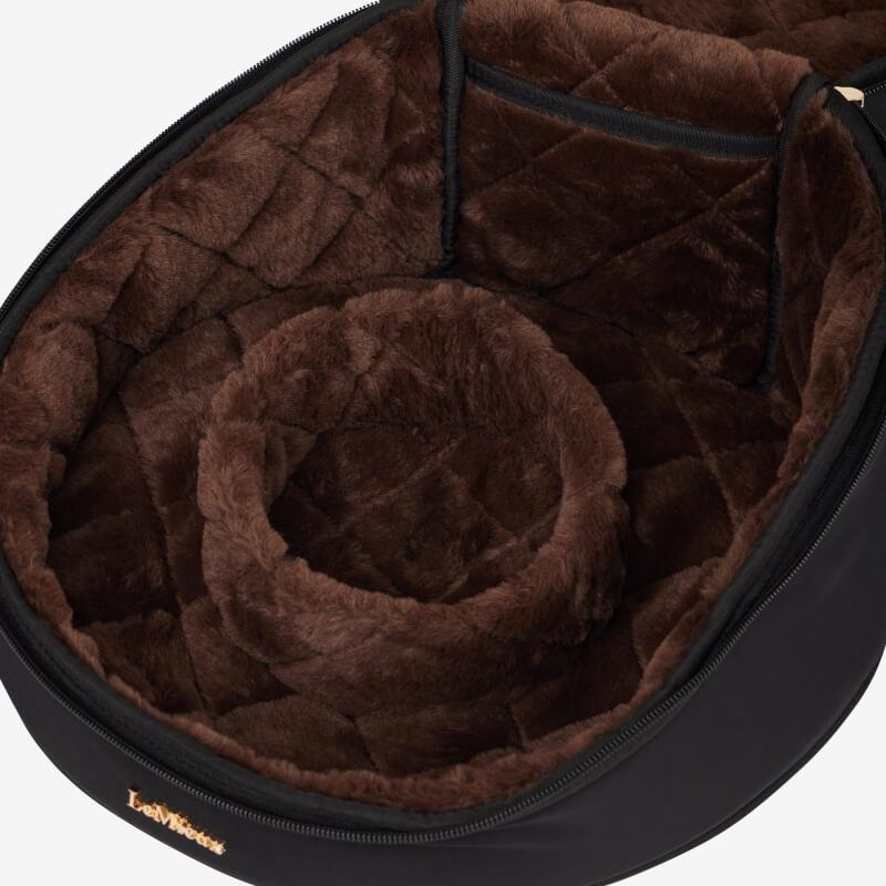 LeMieux Luxe Hat Box Black: plush pet bed with a round cushion, inspired by equestrian luggage.