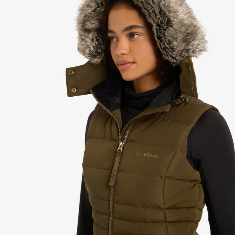 LeMieux Harper Longline Puffer Gilet Alpine with detachable hood and DuPont Sorona filling.
