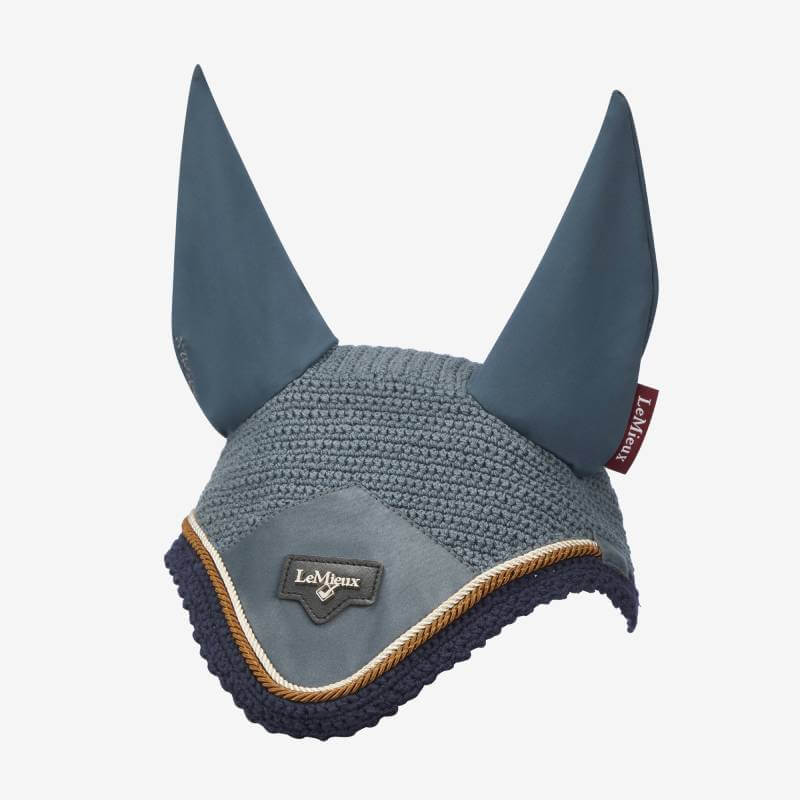 LeMieux Loire Fly Hood Petrol gives stylish blue-grey ear protection with front logo.