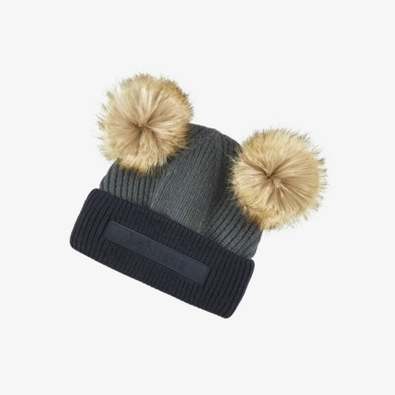 LeMieux Mini Clara Beanie Petrol: Petrol kids beanie with black cuff and tan faux fur pom-poms.