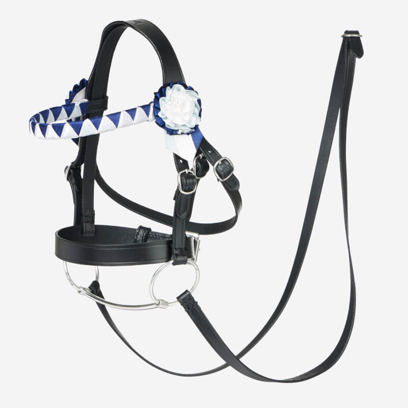 LeMieux Hobby Horse Showing Bridle Black by LeMieux, with blue and white ribbon on its head.