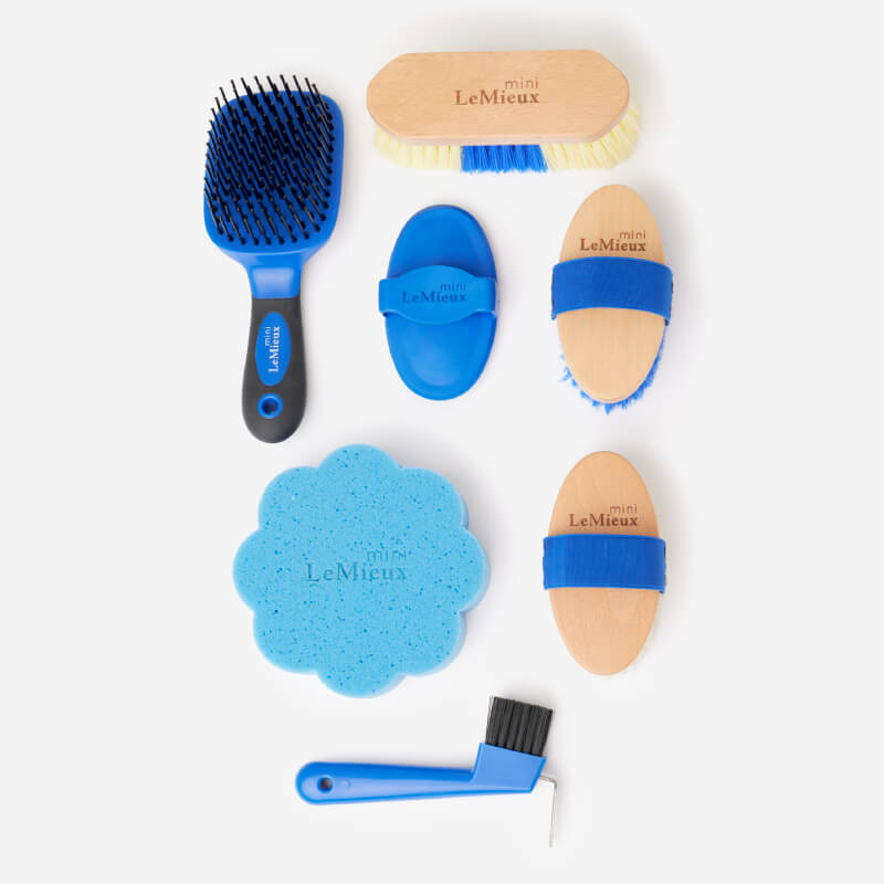 LeMieux Mini Grooming Set Benetton Blue includes brushes, sponge, curry comb, hoof pick, and tote.
