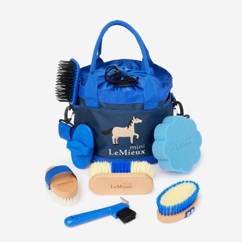 LeMieux Mini Grooming Set Benetton Blue includes brushes, sponge, curry comb, hoof pick, and tote.