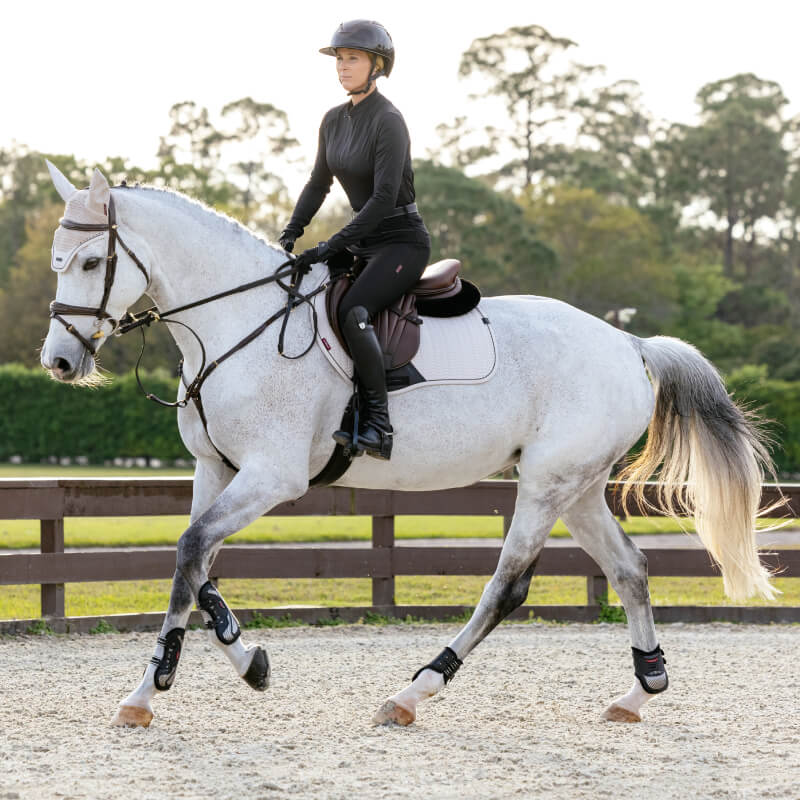 A close-up of a brown horse with a LeMieux Essence Eurojump Square Stone saddle pad outdoors.