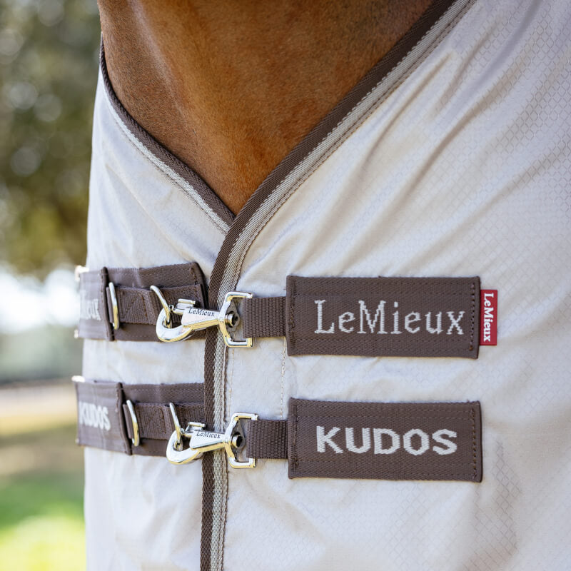 Close-up of chest straps on LeMieux Kudos Shower Pro Sweet Itch Rug Stone for fly protection.