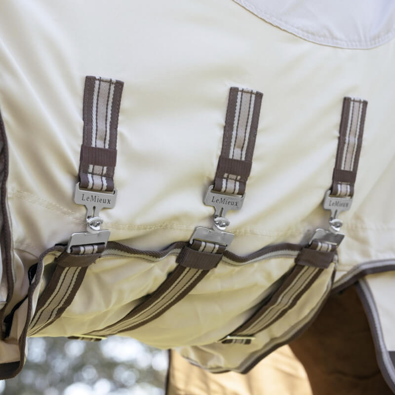 Close-up of LeMieux Kudos Shower Pro Sweet Itch Rug Stone buckles for fly protection.