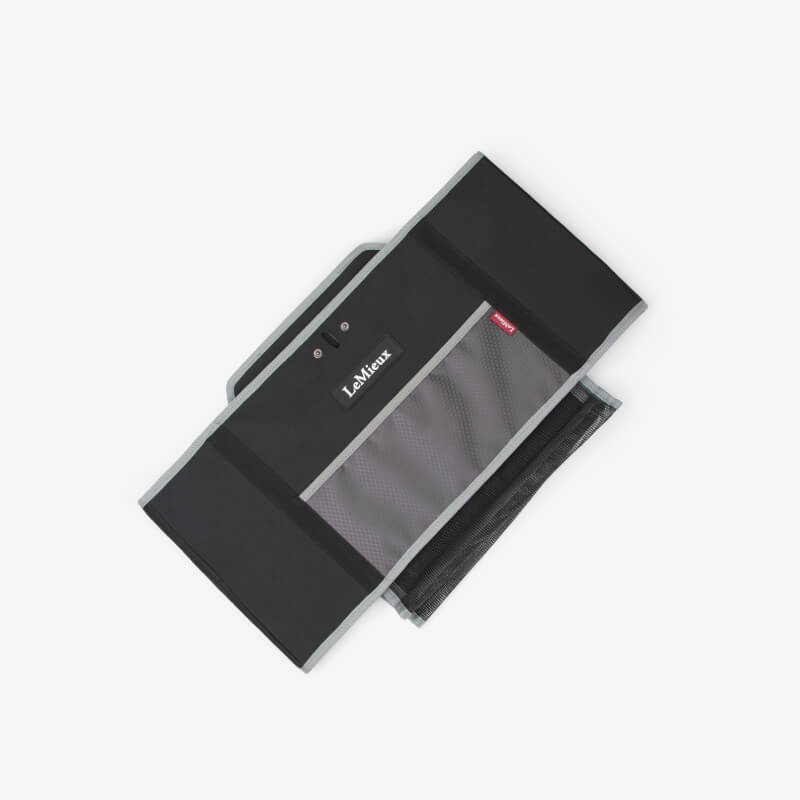 LeMieux Collapsible Storage Tote Black with shoulder strap, handle, and front pocket.
