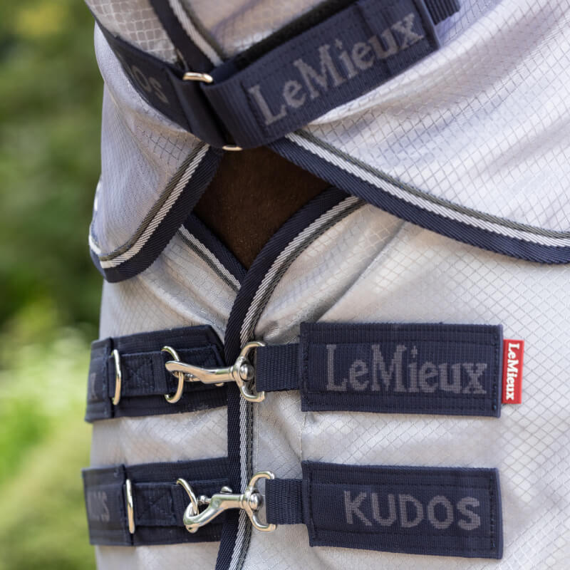 Close-up of LeMieux Kudos AeroGuard Fly Rug Silver fastened for UV protection.