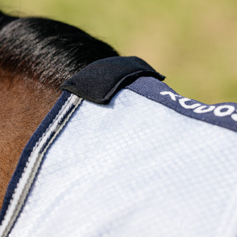 Close-up of a horse’s neck wearing the LeMieux Kudos AeroGuard Fly Rug Silver with dark trim.