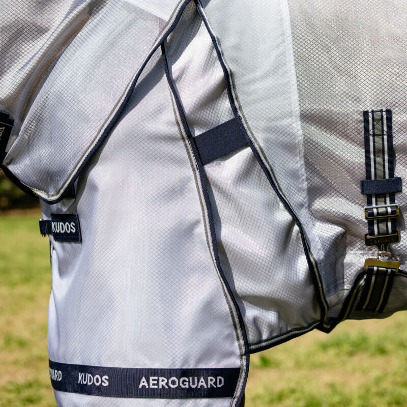 Close-up of the LeMieux Kudos AeroGuard Fly Rug Silver, highlighting UV protection and black straps.