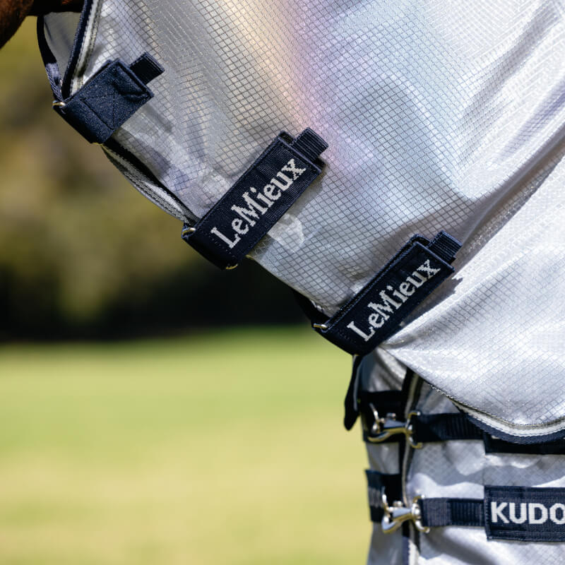 Close-up of LeMieux Kudos AeroGuard Fly Rug Silver, offering luxury UV protection outdoors.