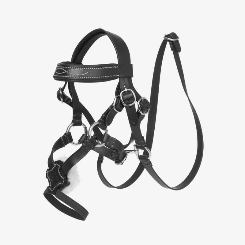 LeMieux Toy Pony Grackle Bridle Black—adjustable leather bridle with metal rings, white stitching.