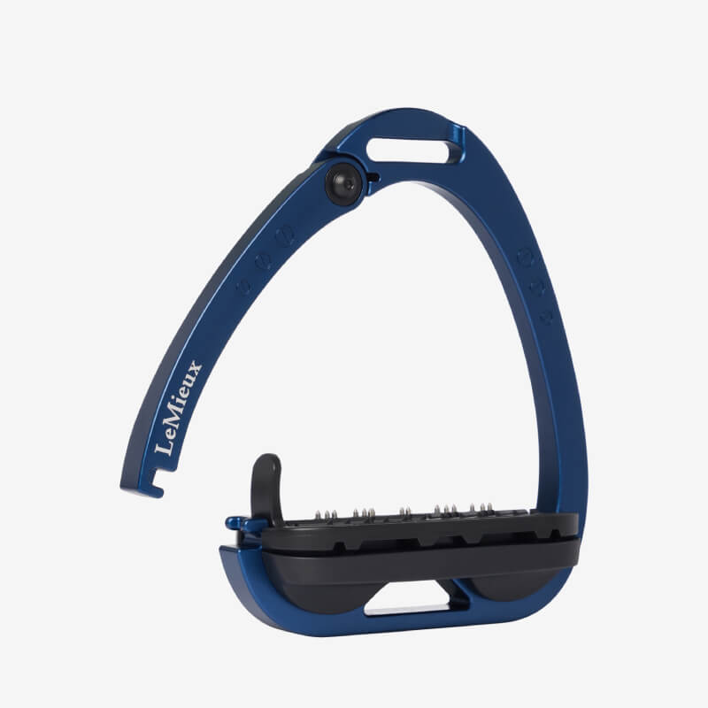 LeMieux Vector Balance Stirrup in navy, one size, with ergonomic black footplate and branding.
