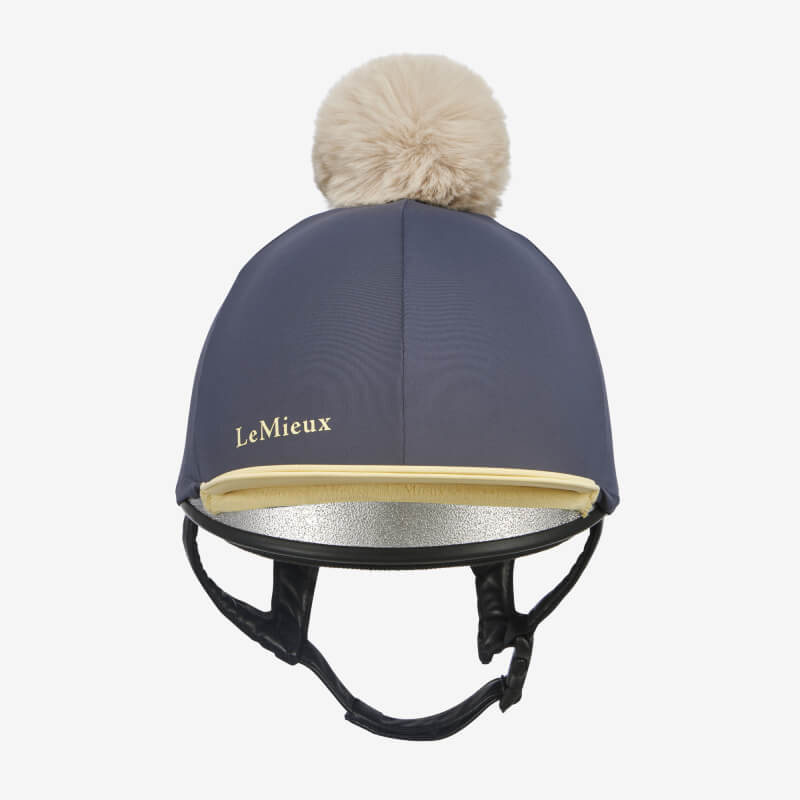 LeMieux Pom Hat Silk Dusk/Mimosa with detachable faux fur pom and gold LeMieux logo.