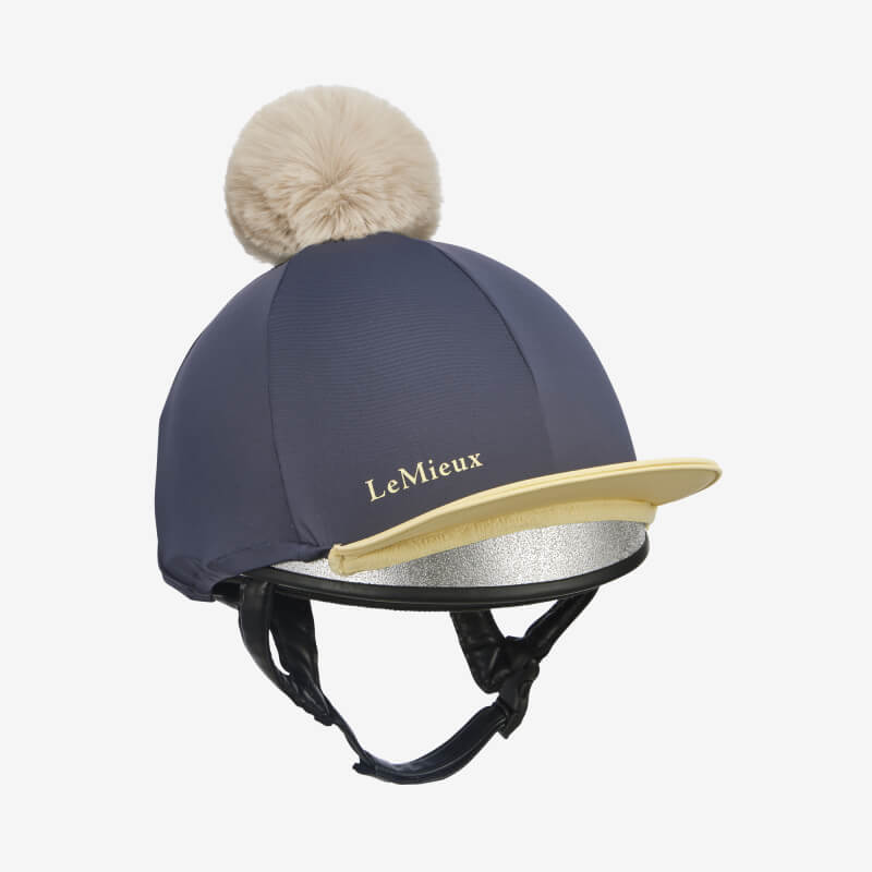 LeMieux Pom Hat Silk Dusk/Mimosa with gold visor, silver trim & detachable faux fur pom pom.