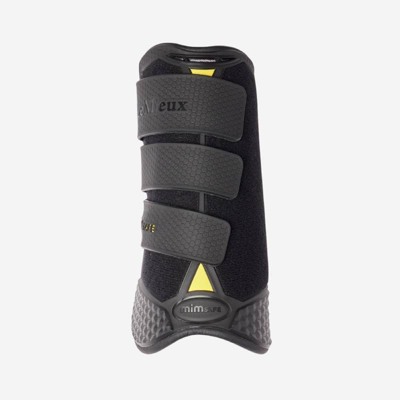 LeMieux MIMSafe Boot Front Black: shock-absorbing XC boot with three Velcro straps, front view.