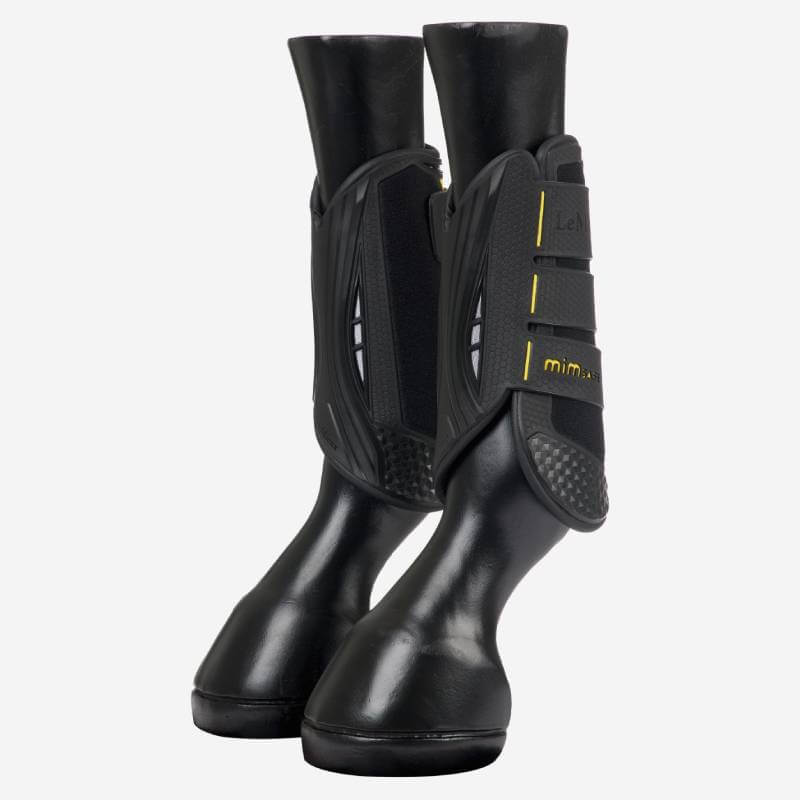 LeMieux MIMSafe Boot Front Black for equestrian sport, shock-absorbent, on white background.