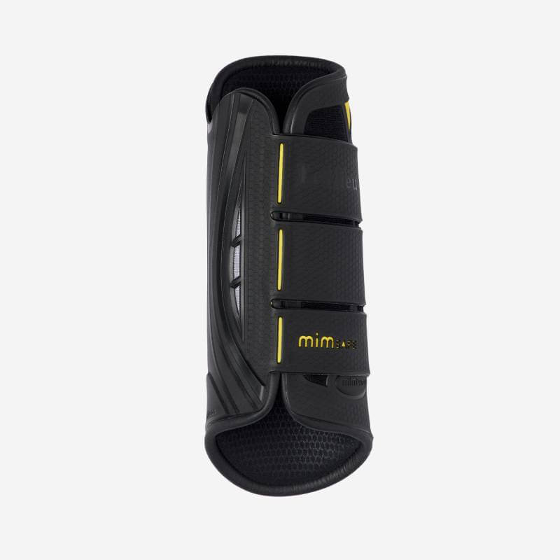 LeMieux MIMSafe Boot Hind Black with yellow accents and three velcro straps for protection.
