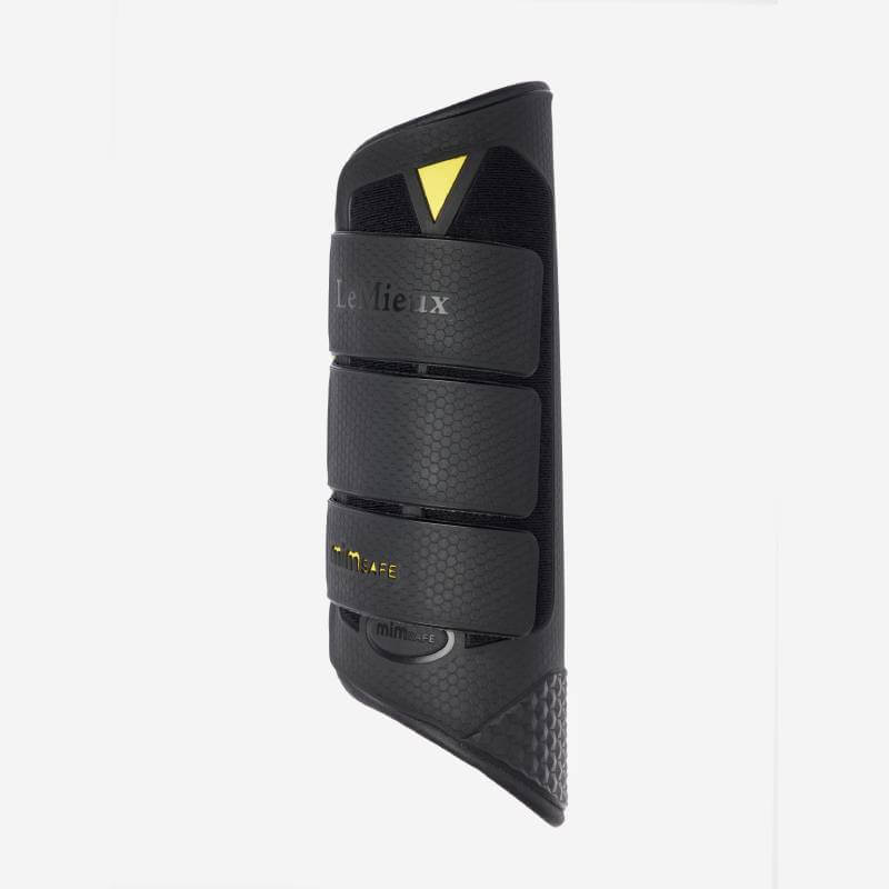 LeMieux MIMSafe Boot Hind Black: three straps, yellow triangle, protects horse legs.