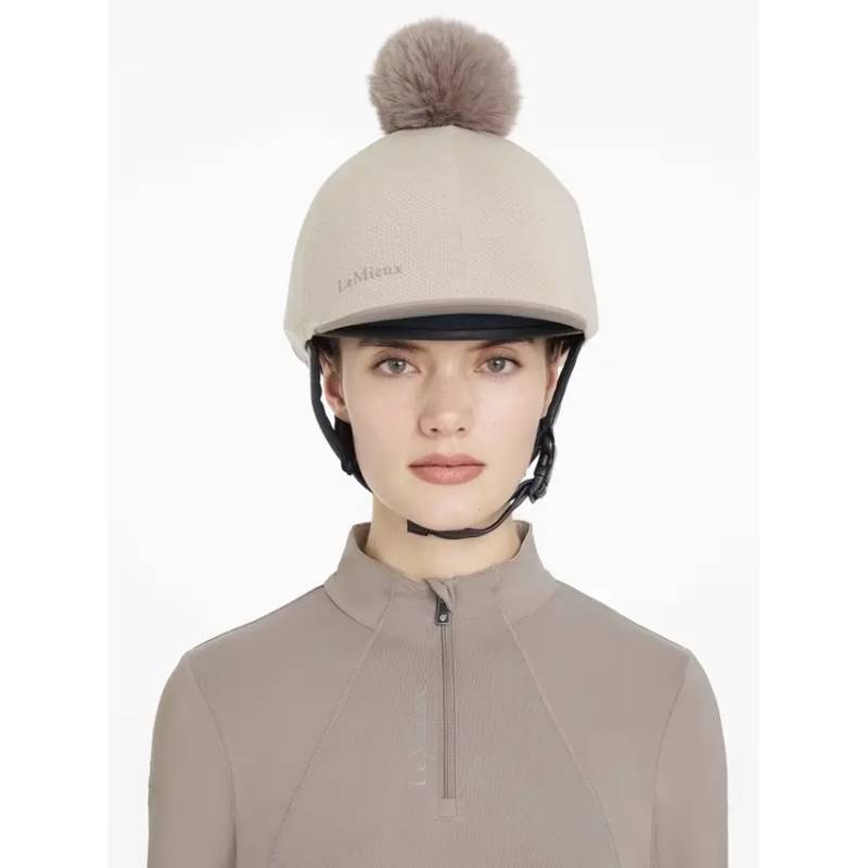 LeMieux Maria Mesh Hat Silk Almond, matching top, and neutral expression.