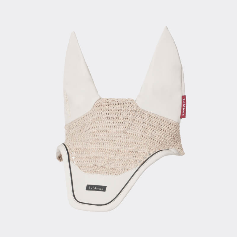 LeMieux Essence Acoustic Fly Hood Stone in beige and white with a small red LeMieux side tag.