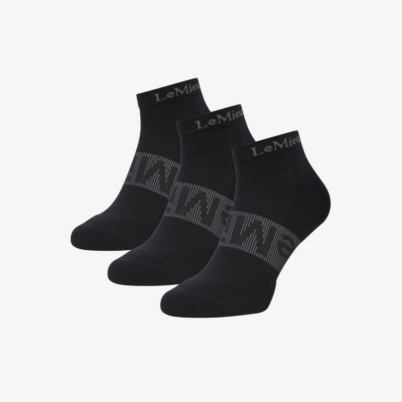 LeMieux Trainer Sock Black 3pk with cushioned toe and logo on cuffs, shown on white.