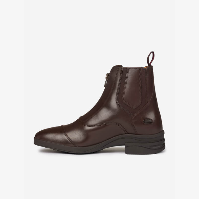 LeMieux Adults Zip Paddock Boot in brown leather with side zipper and low heel, shown on white.