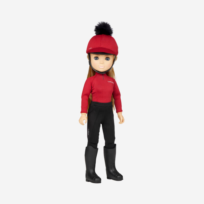 LeMieux Toy Rider Chloe wears a red riding outfit with black pants, boots, and a red helmet.