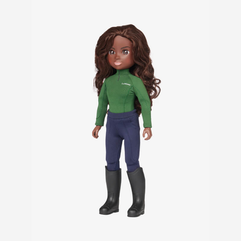 LeMieux Toy Rider Maya doll with long brown hair, green top, blue pants, and black boots.