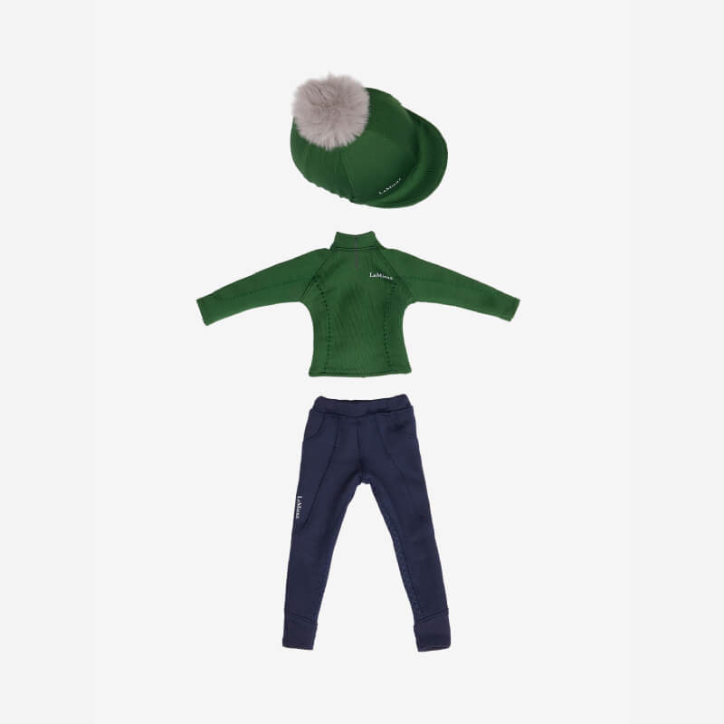 LeMieux Toy Rider Maya doll outfit with green jacket, pom-pom hat, and navy pants.