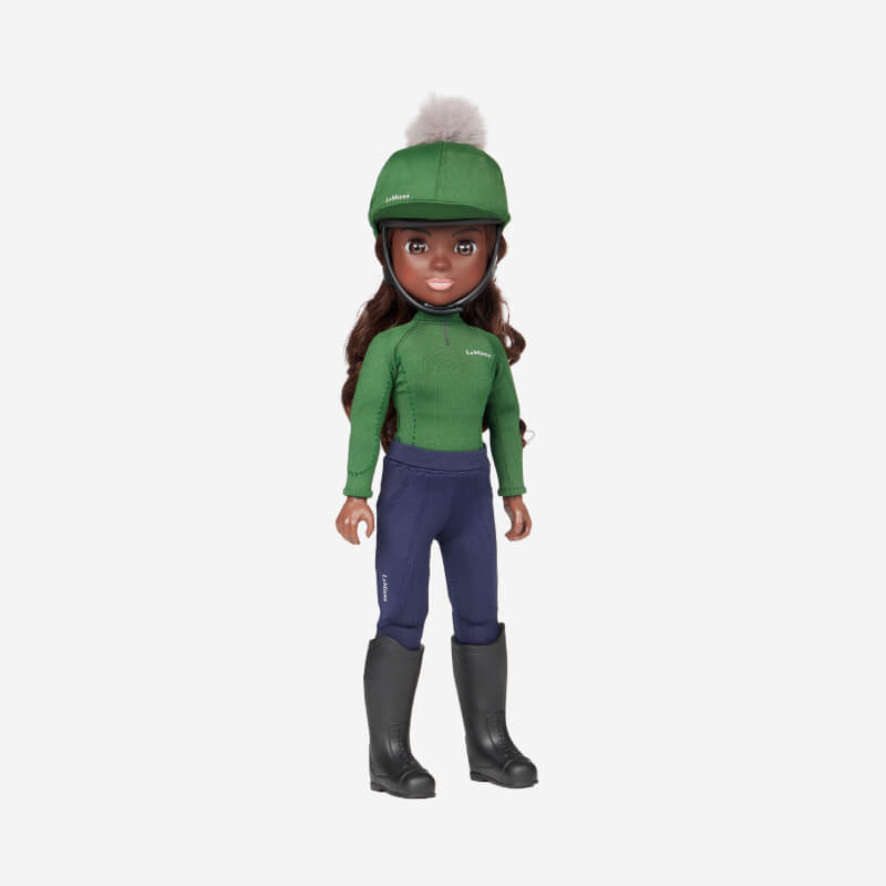 LeMieux Toy Rider Maya doll with long dark hair, green helmet, green top, and blue pants.