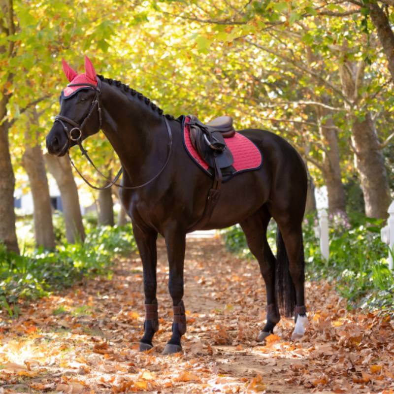 LeMieux Suede Close Contact Square saddle pad in cranberry with black trim.