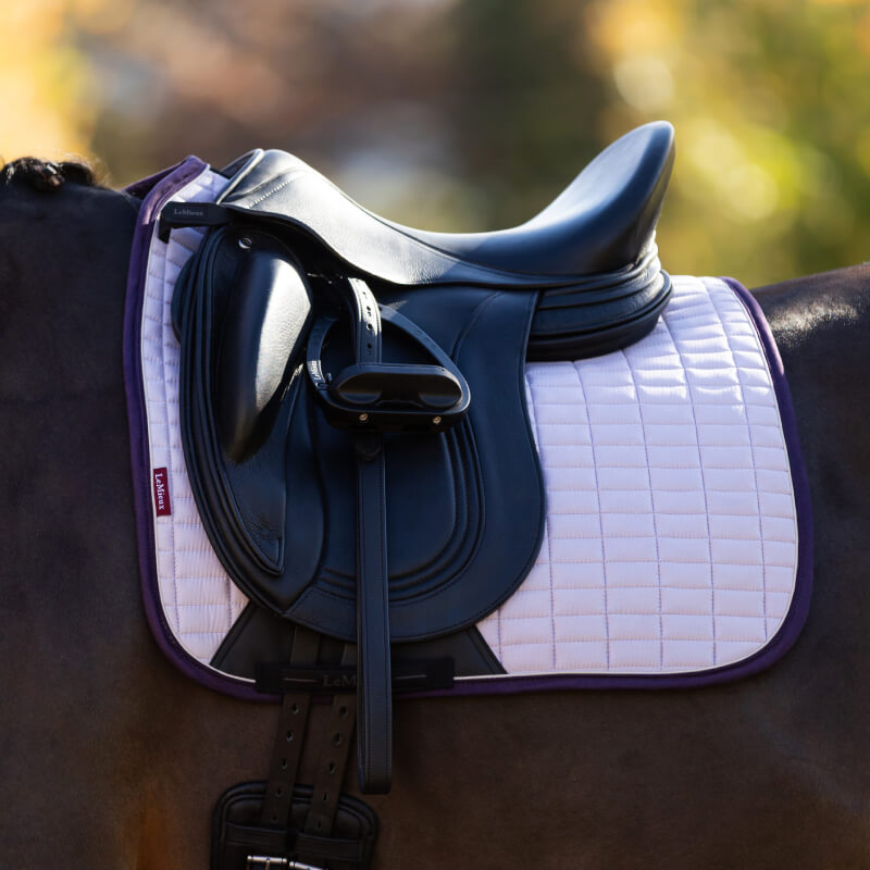 A black English saddle on a horse with a LeMieux lilac suede dressage square.