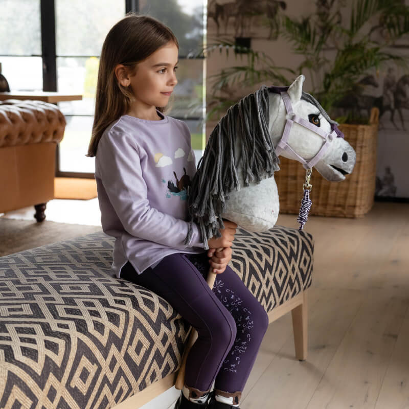 Young girl indoors with LeMieux Hobby Horse Earl, dressed in lavender.