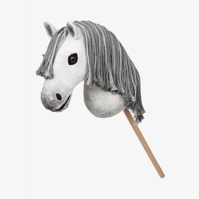 LeMieux Hobby Horse Earl features a white head, gray yarn mane, and wooden stick handle.