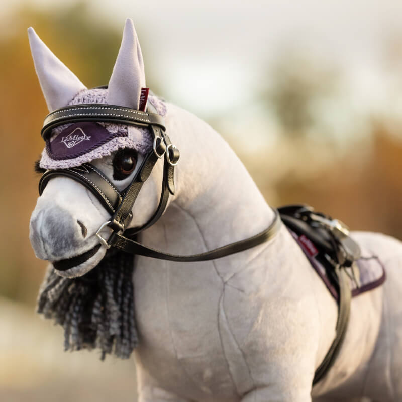 LeMieux Toy Pony Blanca: Gray collectable with bridle and purple crochet ear bonnet.