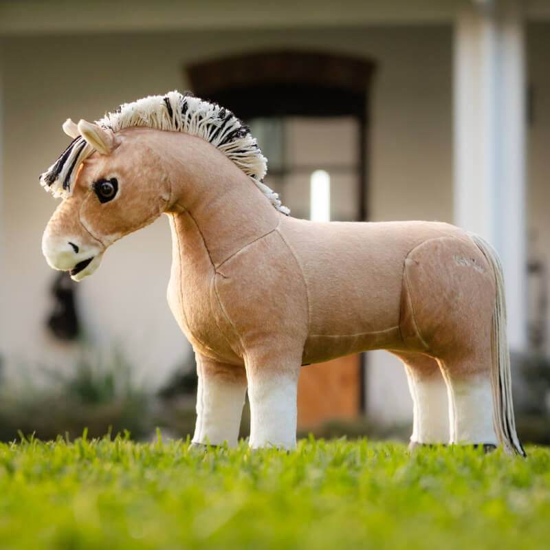 LeMieux Toy Pony Oskar stands on green grass with a building in the background.