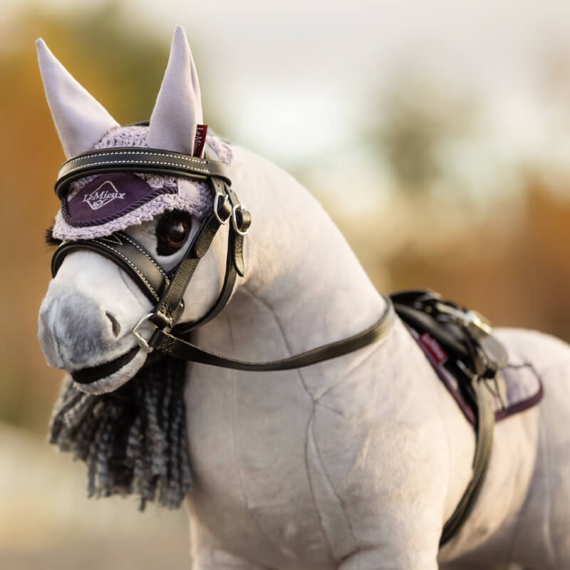 LeMieux Toy Pony Fly Hood in lilac with tall ears and crochet for LeMieux Mini Pony.