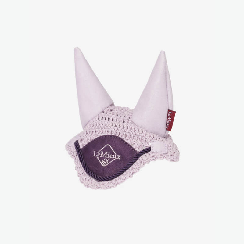 LeMieux Toy Pony Fly Hood Lilac with crochet and fabric details on a white background.