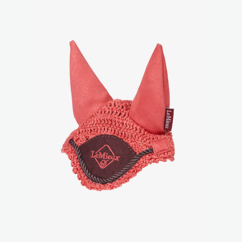 LeMieux Toy Pony Fly Hood Cranberry with tall ears shown on a white background.