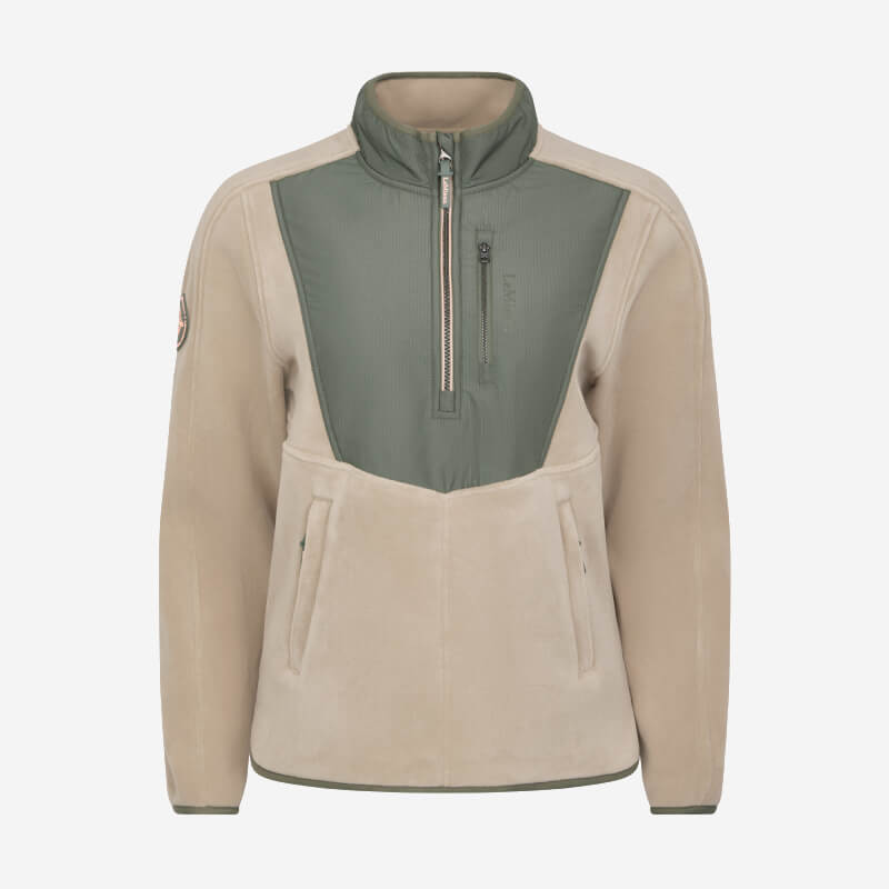 LeMieux Clara Hybrid Fleece Rosemary: beige/green zip-up with nylon chest and side pockets.