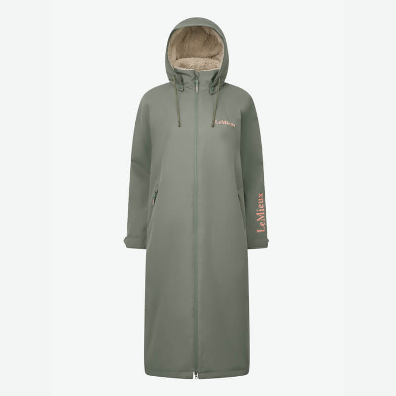 LeMieux Hydroshield Robe Rosemary: long rosemary hooded coat with front zipper and chest logo.