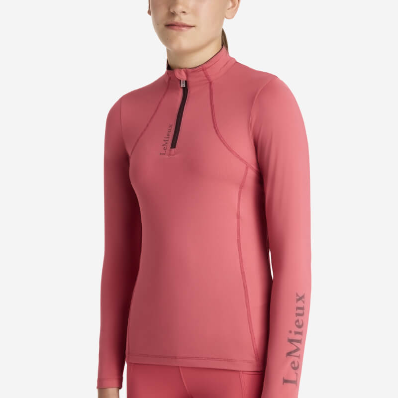 LeMieux Young Rider Classique Baselayer Cranberry, pink long-sleeve quarter-zip with logo.