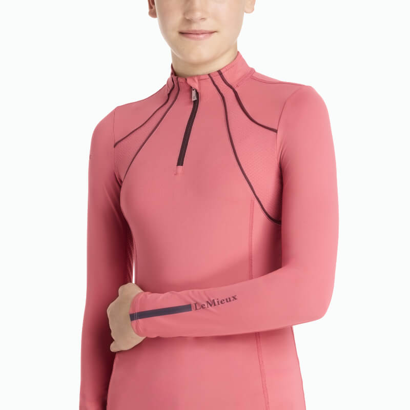 LeMieux Young Rider Mia Mesh Baselayer Cranberry: long-sleeve, sweat-wicking athletic top.