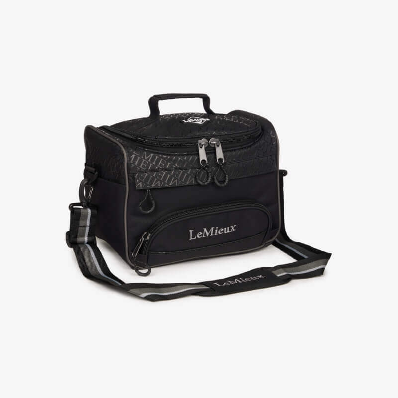 LeMieux Elite ProKit Lite Grooming Bag Black with shoulder strap, zip pockets, and top handle.